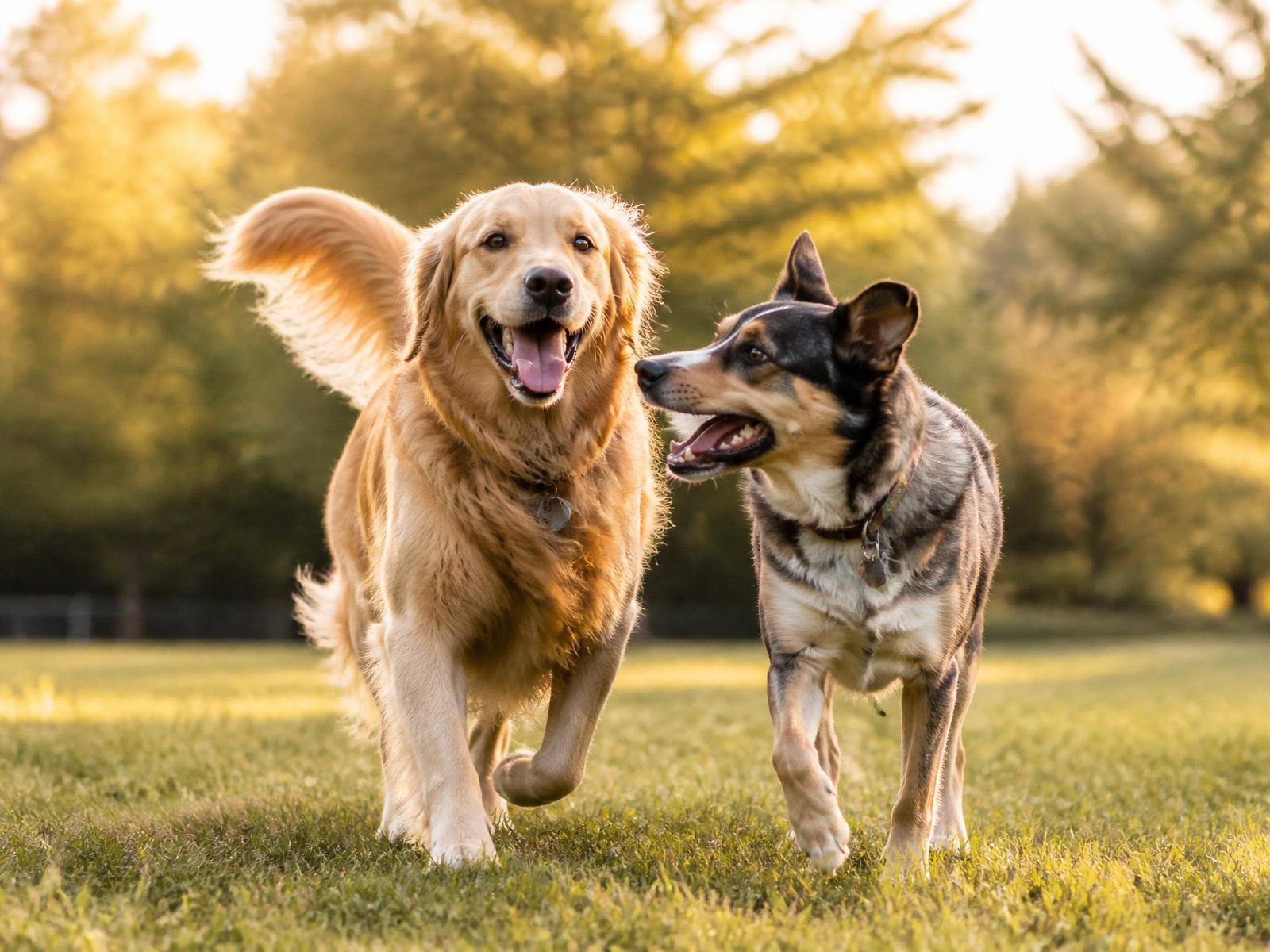 Happy dogs running together at sunset on lush green grass